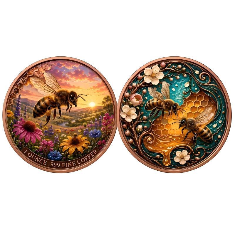 Exquisite 1 Ounce Pure Copper Round Coin Featuring 3D Honey Bee and Sunset Landscape Traditional Collectible Medallion