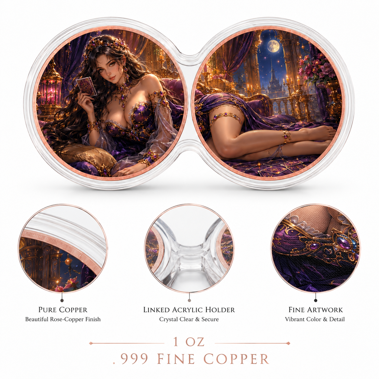 Mystic Tarot Queen Dual 1 oz .999 Fine Copper Coin Set – Rose Copper Edition (10 Sets Minimum)