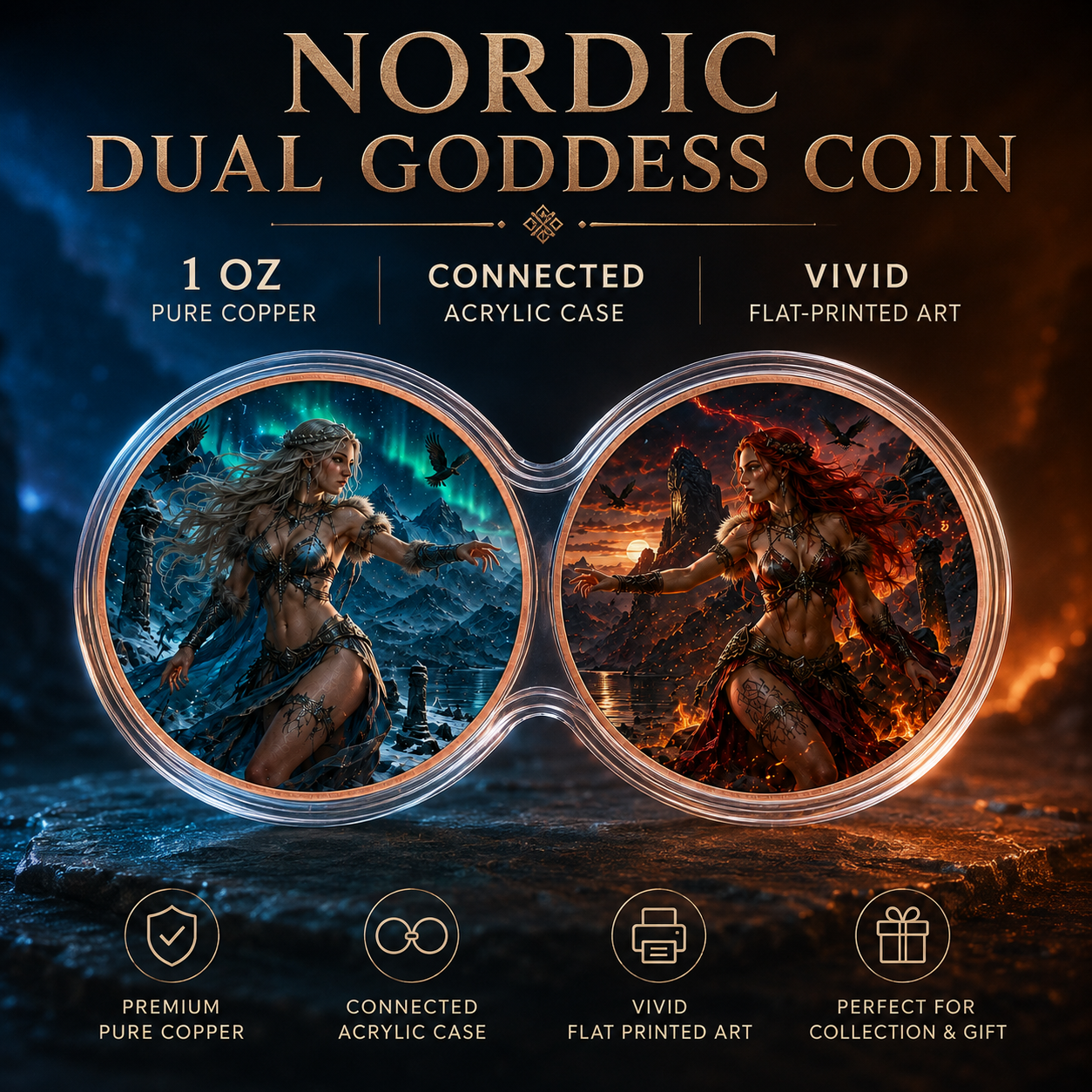 Nordic Dual Goddess 1 oz Pure Copper Coin Set – Ice & Fire Edition (10 Sets Minimum)
