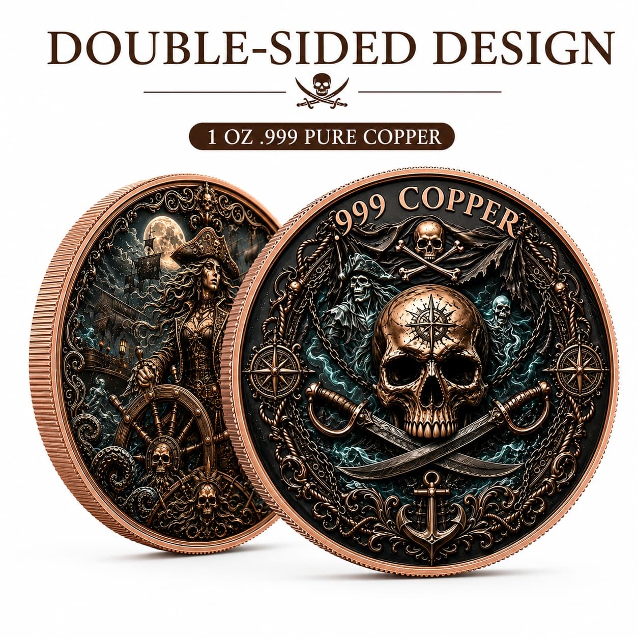 Pirate Captain Challenge Coin – 1 Troy Oz .999 Copper 3D | 40mm | 20 pc Minimum