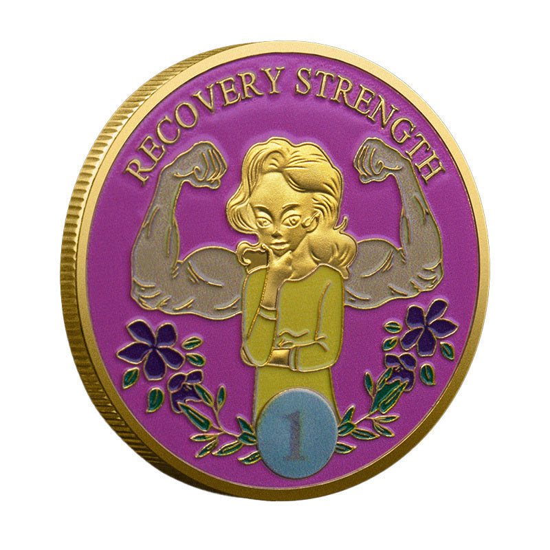 Recovery Strength Women’s Sobriety Challenge Coin obverse closeup – strong woman flexing biceps purple pink enamel gold-tone Year 1 blue oval violet flowers