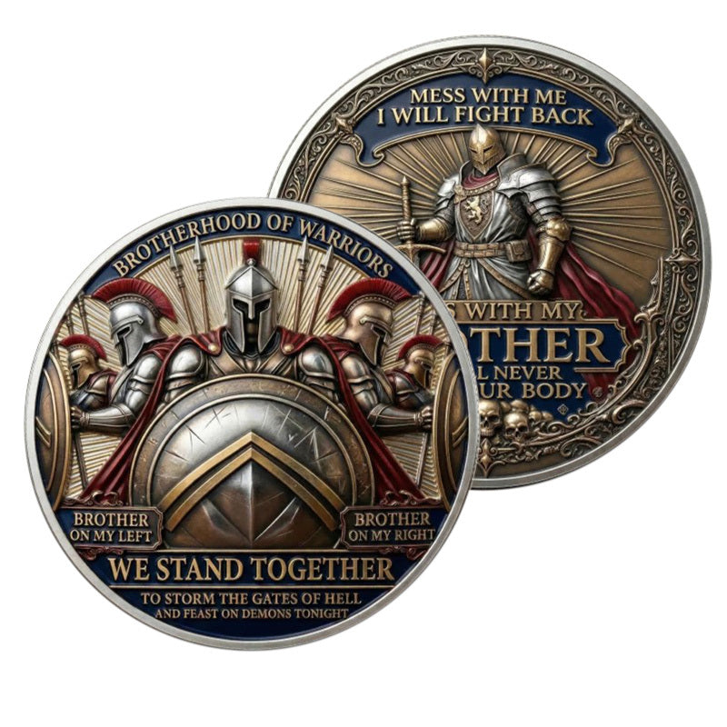 Mess With My Brother They’ll Never Find Your Body / Brotherhood of Warriors We Stand Together – Brother on My Left · Brother on My Right Challenge Coin – Antique Silver (Lot of 50)