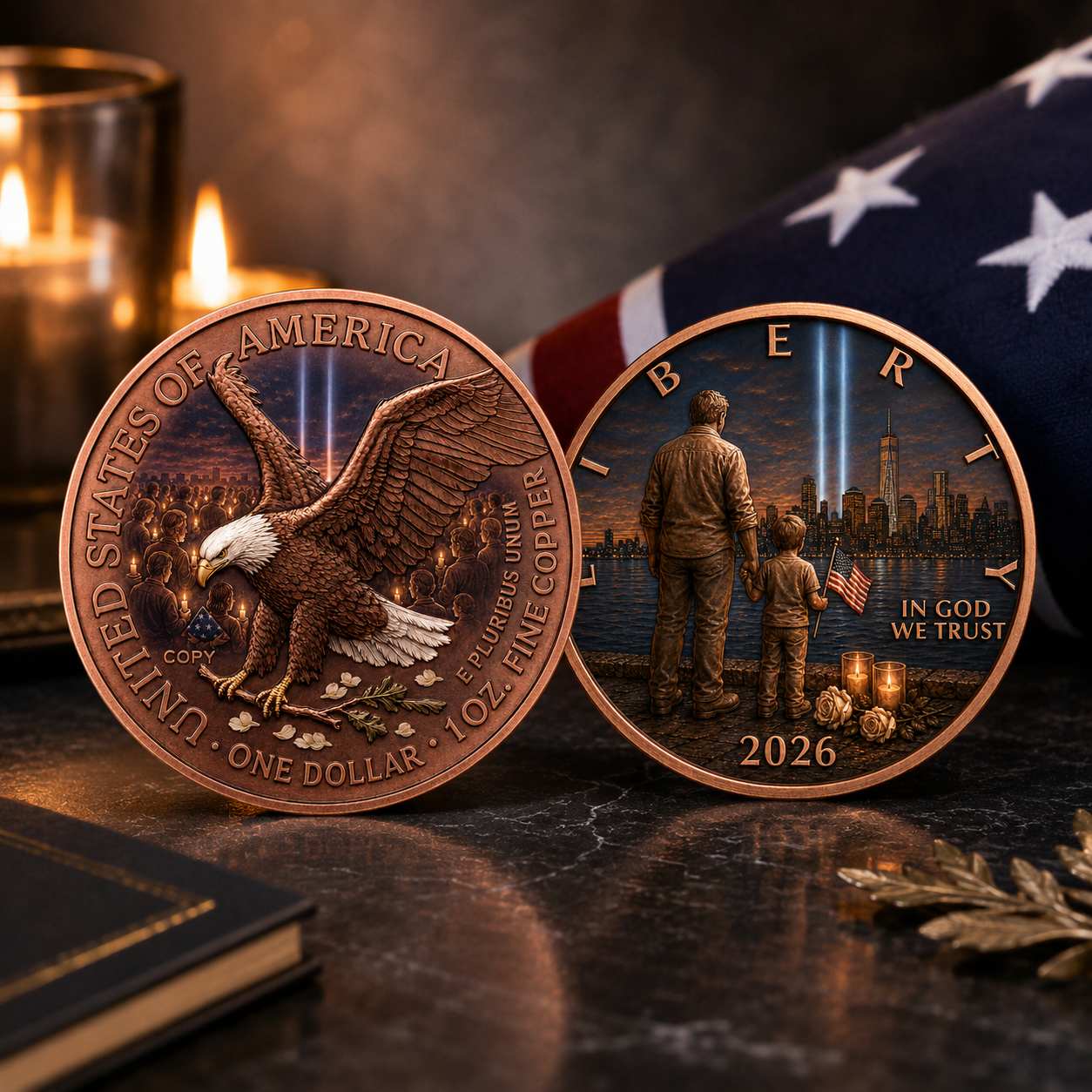 9/11 Father & Son Never Forget 2026 Liberty 1 oz Fine Copper Round – Candlelight Vigil Antique Copper Edition (Tube of 20)