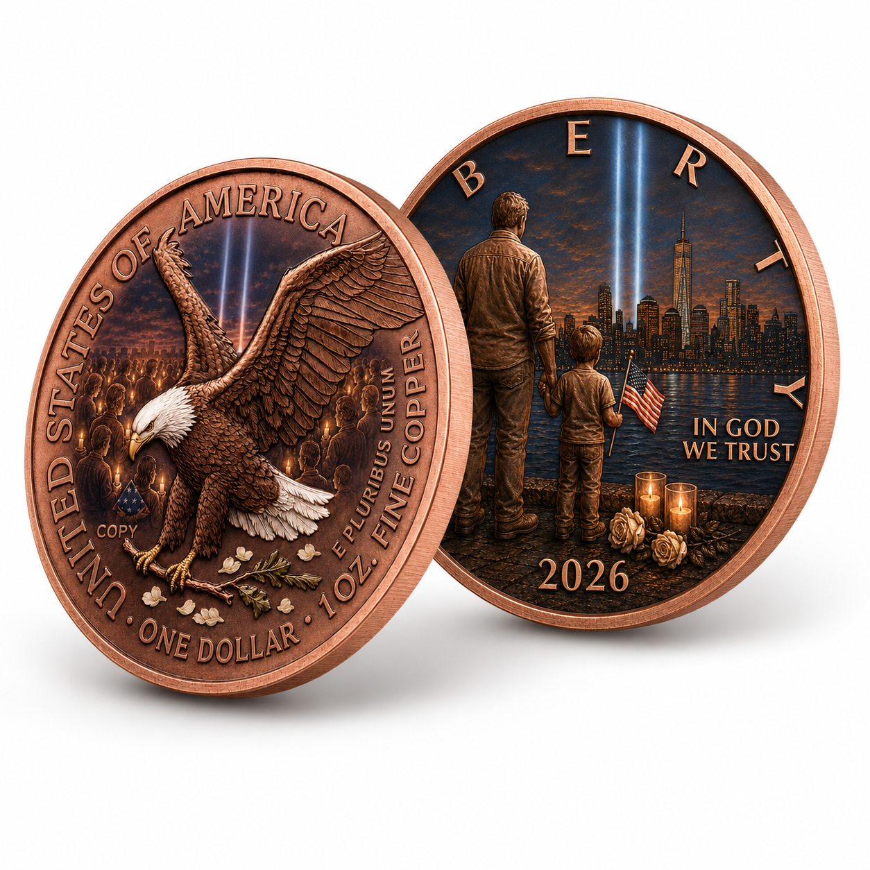 9/11 Father & Son Never Forget 2026 Liberty 1 oz Fine Copper Round – Candlelight Vigil Antique Copper Edition (Tube of 20)