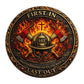 First In Last Out Brotherhood Duty Sacrifice 343 Firefighter Challenge Coin reverse closeup – crossed axes firefighter helmet 343 cross flames American flag antique bronze gold