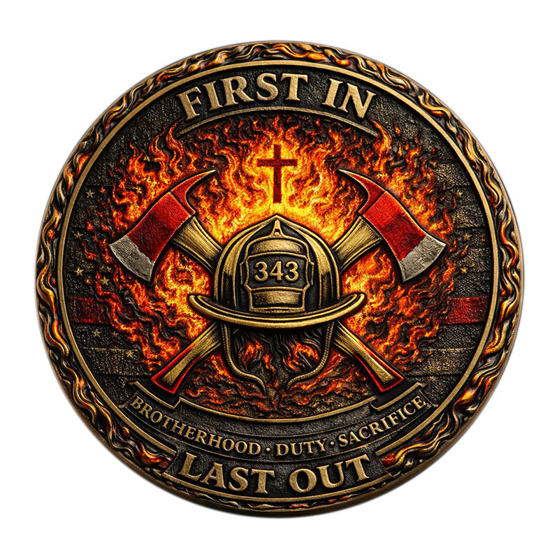 First In Last Out Brotherhood Duty Sacrifice 343 Firefighter Challenge Coin reverse closeup – crossed axes firefighter helmet 343 cross flames American flag antique bronze gold