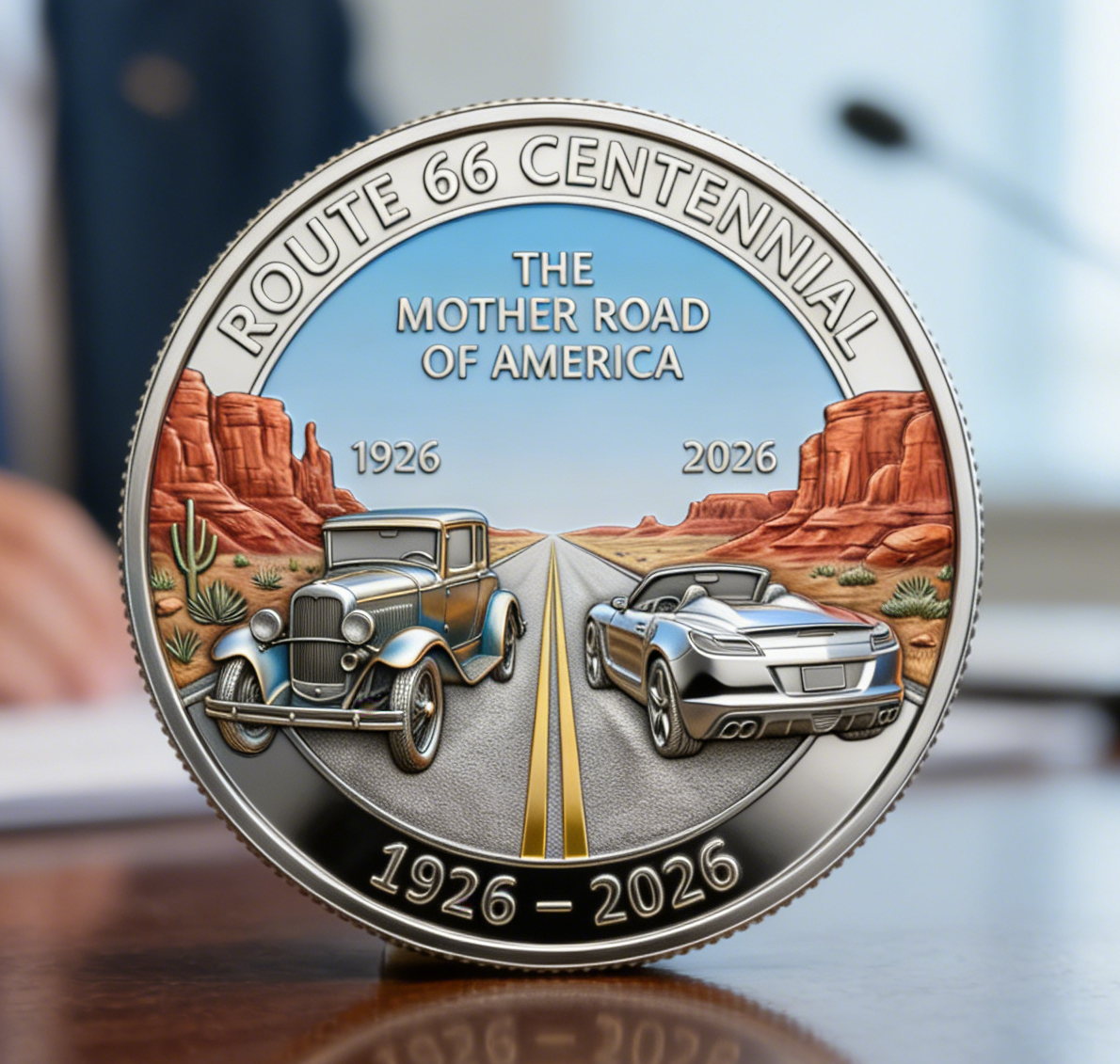Route 66 Centennial 1926-2026 Challenge Coin – 100 Years The Mother Road of America – 40mm 3D Silver (Lot of 10)