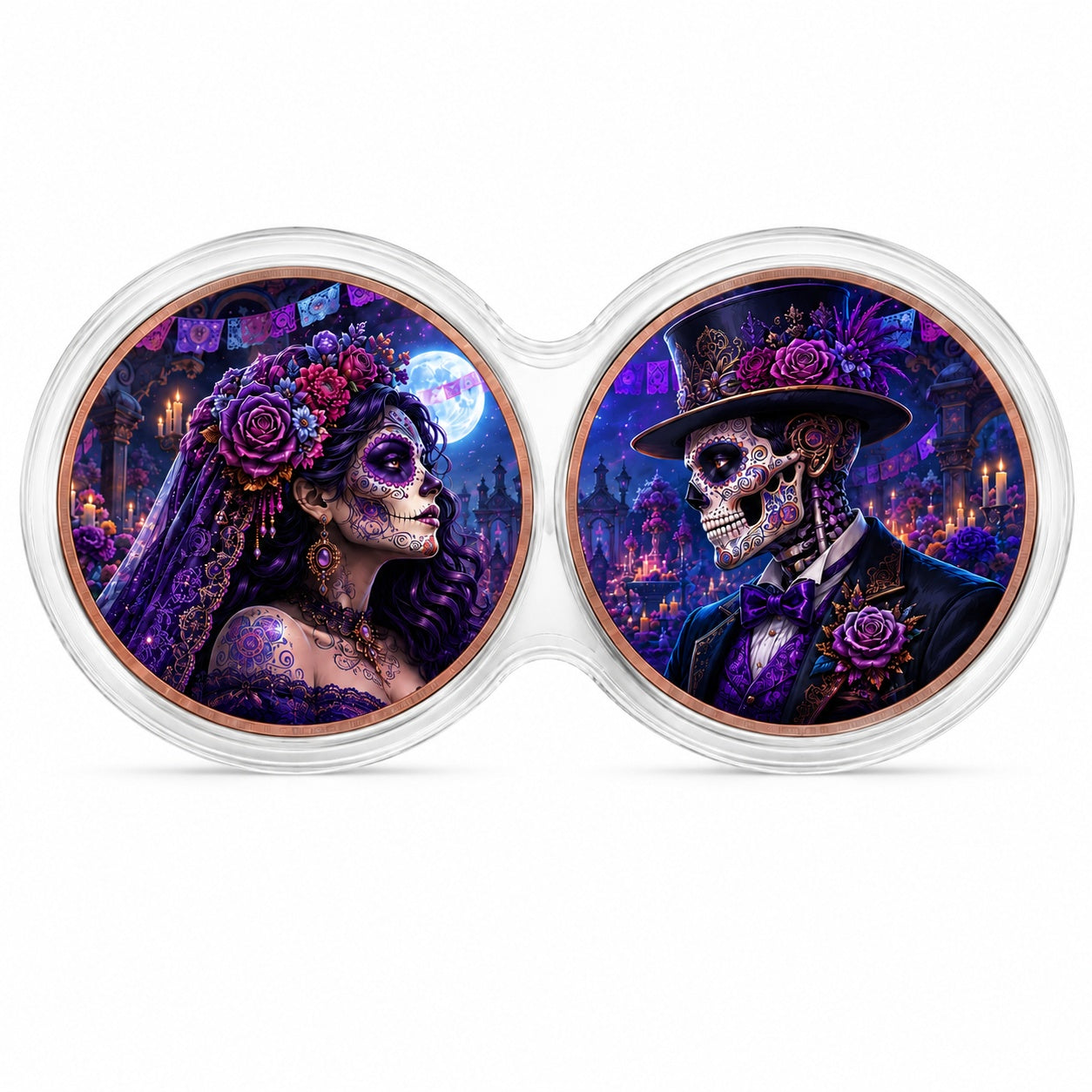 Día de los Muertos Bride & Groom Dual 1 oz .999 Fine Copper Coin Set – Sugar Skull Couple Edition (10 Sets Minimum)