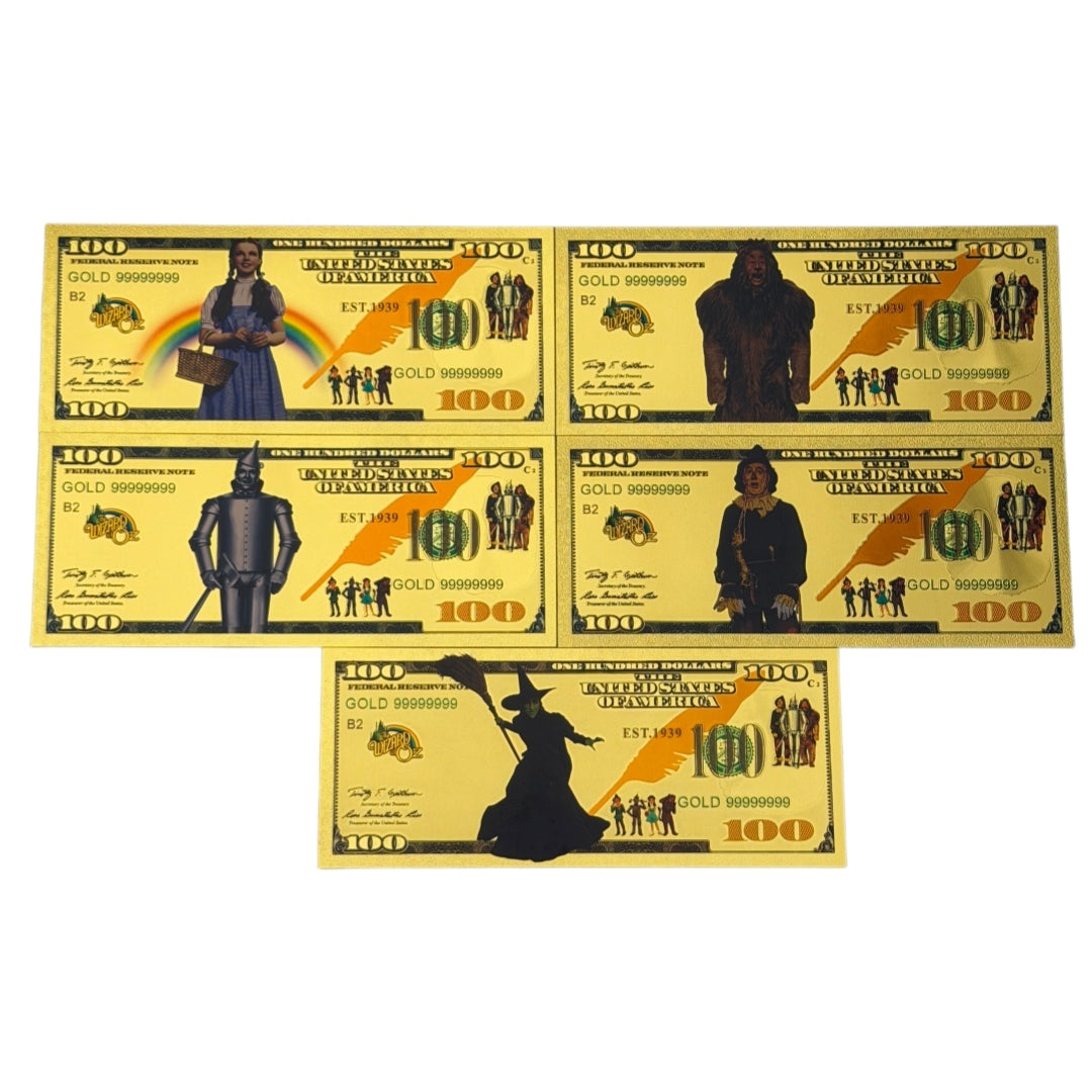 The Wizard of Oz $100 Gold Foil Novelty Bill Complete Set — 5 Characters · Est. 1939