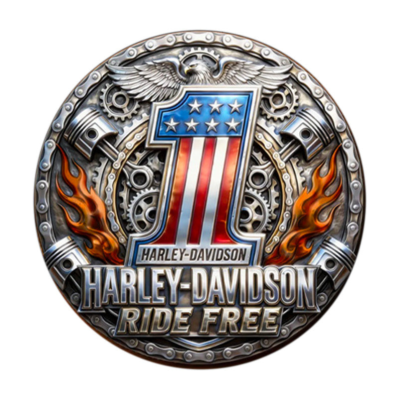 Harley-Davidson Ride Free Challenge Coin obverse – American flag #1 bald eagle crossed pistons gears flames silver-tone red white blue enamel