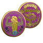 Recovery Strength Addicted to My Recovery Challenge Coin both sides display – obverse flexing woman Year 1 and reverse Addicted to My Recovery floral gold-tone purple enamel