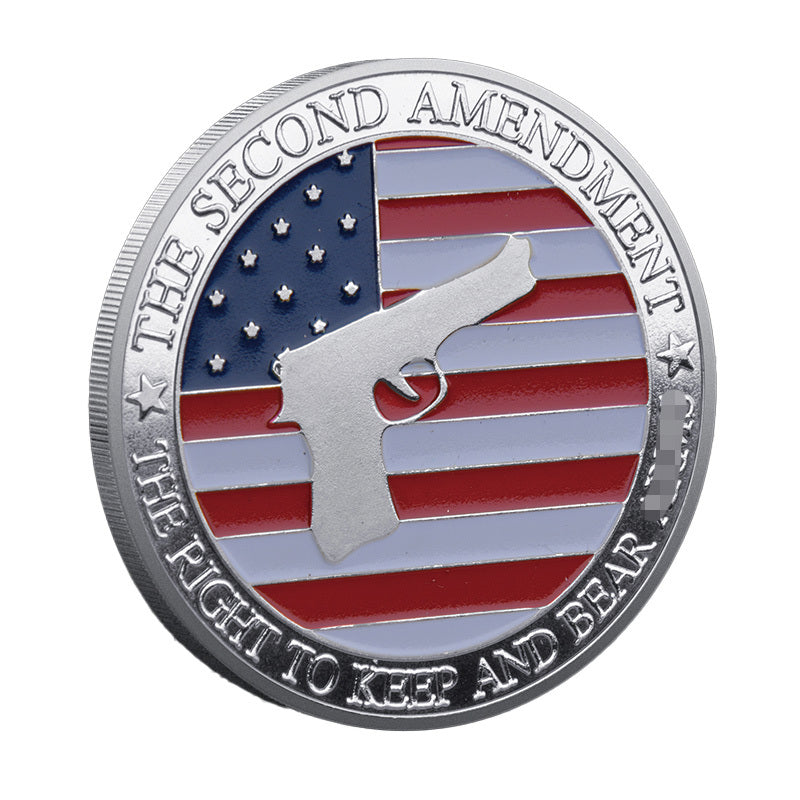Second Amendment Silver-Tone Challenge Coin obverse – The Second Amendment The Right to Keep and Bear Arms American flag pistol silhouette