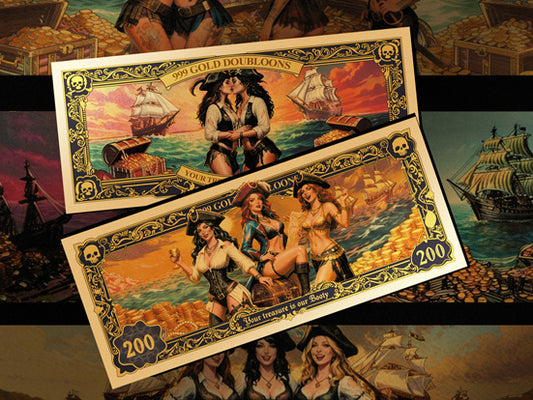 WHOLESALE ONLY-24K GOLD FOIL BANKNOTES PIRATE GIRLS DOUBLOONS 100 PCS MIN