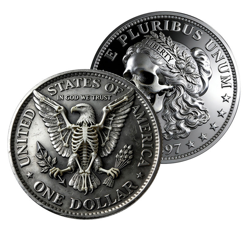Skull Liberty Skeleton Eagle Novelty Coin 1897 – Both sides display obverse and reverse antique silver