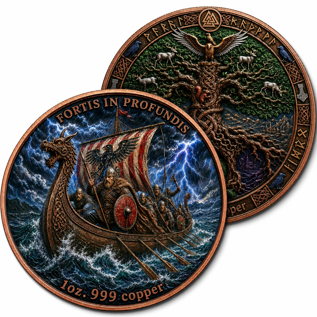 1 oz .999 Copper Round Viking Longship Fortis In Profundis and Yggdrasil Tree of Life – Both sides