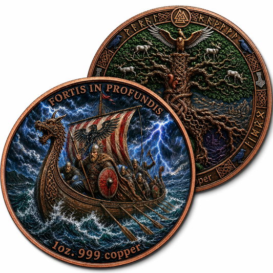 1 oz .999 Copper Round Viking Longship Fortis In Profundis and Yggdrasil Tree of Life – Both sides