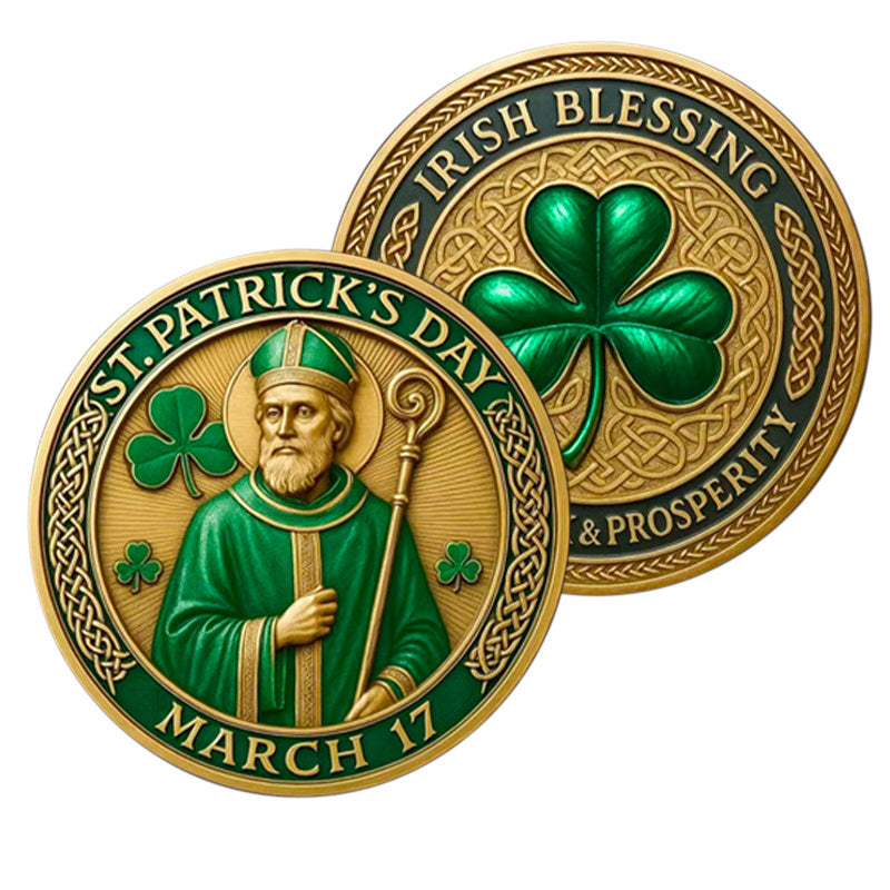 St. Patrick’s Day Irish Blessing Prosperity Challenge Coin both sides – Saint Patrick obverse March 17 gold-tone green enamel and shamrock Celtic knot reverse