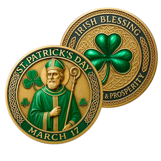 St. Patrick’s Day Irish Blessing Prosperity Challenge Coin both sides – Saint Patrick obverse March 17 gold-tone green enamel and shamrock Celtic knot reverse