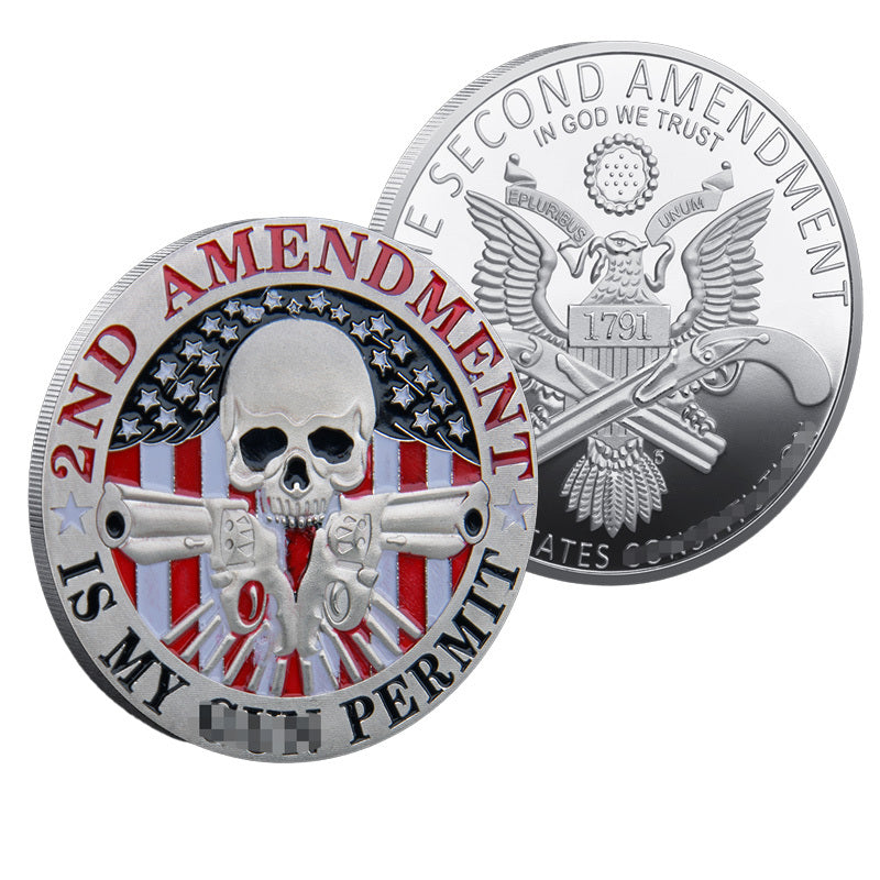 2nd Amendment Is My Gun Permit Silver-Tone Challenge Coin both sides – silver skull crossed pistols American flag red white enamel obverse and Second Amendment 1791 Great Seal bald eagle antique silver reverse
