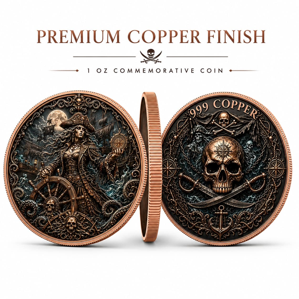 Pirate Captain Challenge Coin – 1 Troy Oz .999 Copper 3D | 40mm | 20 pc Minimum