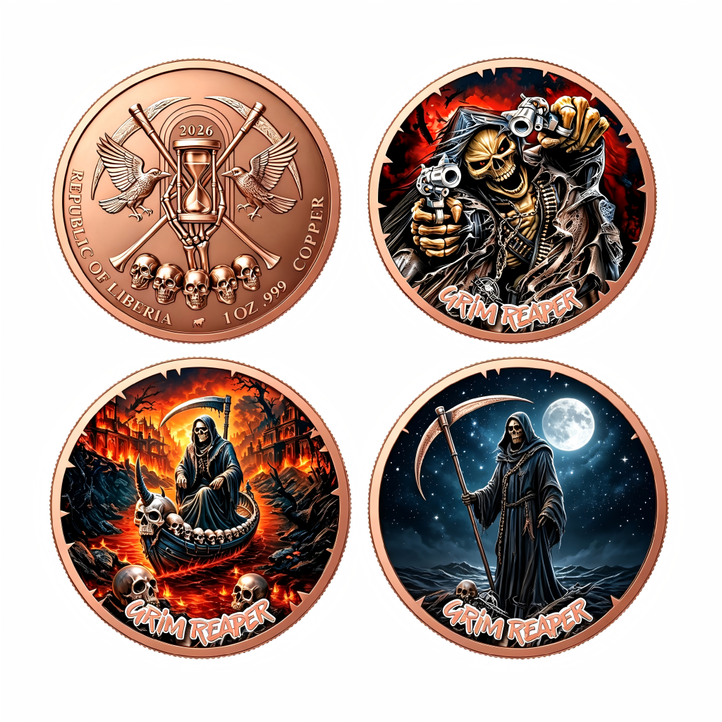 1 Troy Oz. .999 Copper Grim Reaper Challenge Coin Set – 3 Designs | 40mm | Mix & Match (Minimum 12 Pcs)