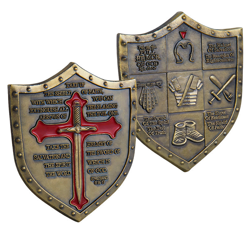 Take Up the Shield of Faith Full Armor of God Ephesians 6:16-17 Shield-Shaped Challenge Coin both sides – red enamel cross sword Ephesians scripture obverse and Full Armor of God six-panel reverse antique bronze