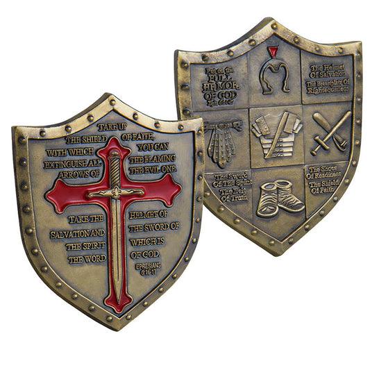 Take Up the Shield of Faith Full Armor of God Ephesians 6:16-17 Shield-Shaped Challenge Coin both sides – red enamel cross sword Ephesians scripture obverse and Full Armor of God six-panel reverse antique bronze