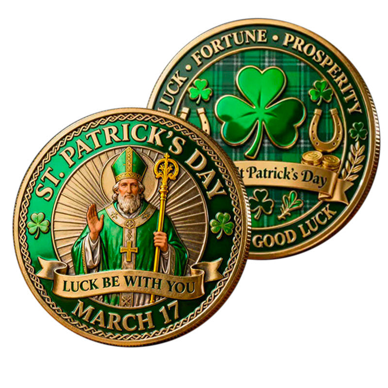 St. Patrick’s Day Luck Be With You Challenge Coin both sides – Saint Patrick obverse March 17 and shamrock horseshoe tartan reverse
