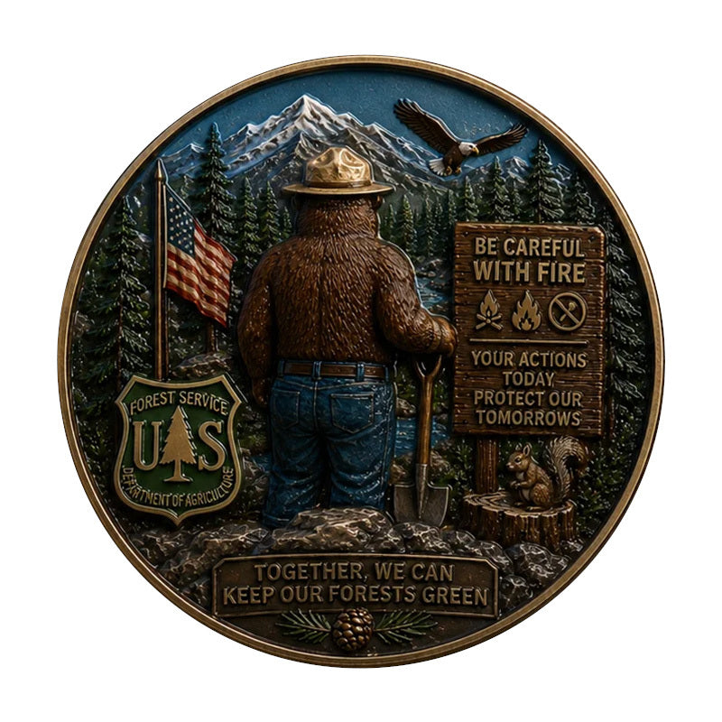 Smokey Bear Be Careful With Fire Challenge Coin reverse – Smokey Bear back view American flag bald eagle forest squirrel Together We Can Keep Our Forests Green antique bronze enamel