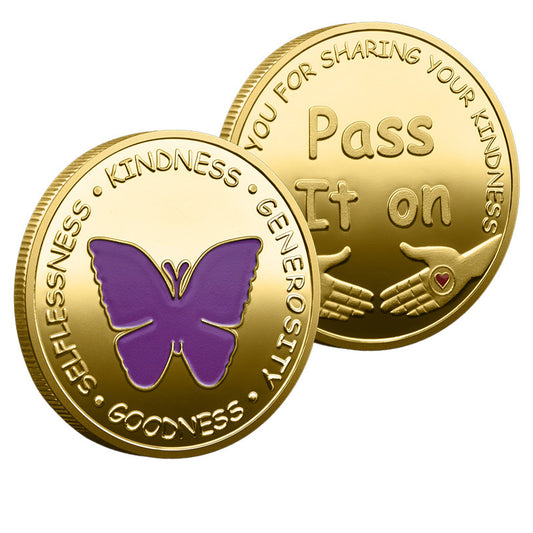 50 PCS Wholesale Lot - "Pass It On" Kindness Challenge Coin 40mm Gold Plated Purple Butterfly