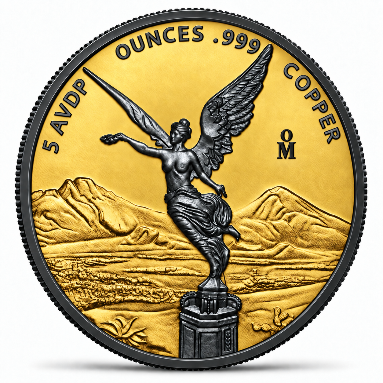 Mexican Libertad 5 oz Copper Round – Obverse (Winged Victory, Black Ruthenium & Gold)