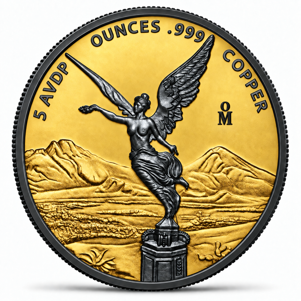 Mexican Libertad 5 oz Copper Round – Obverse (Winged Victory, Black Ruthenium & Gold)