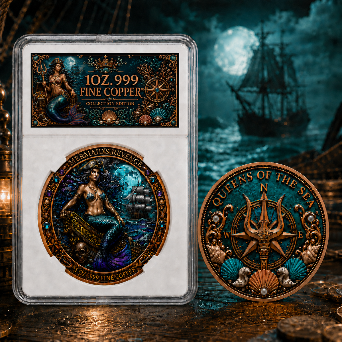 Mermaid's Revenge Challenge Coin Queens of the Sea Ocean Treasure Series Pirate 1oz Copper Commemorative Collectible Gift W Case (20 Pack)