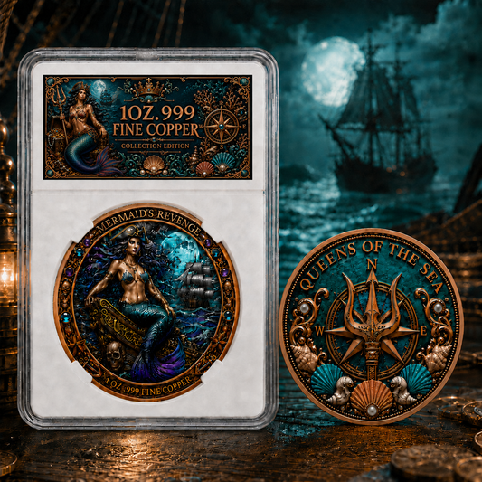 Mermaid's Revenge Challenge Coin Queens of the Sea Ocean Treasure Series Pirate 1oz Copper Commemorative Collectible Gift W Case (20 Pack)