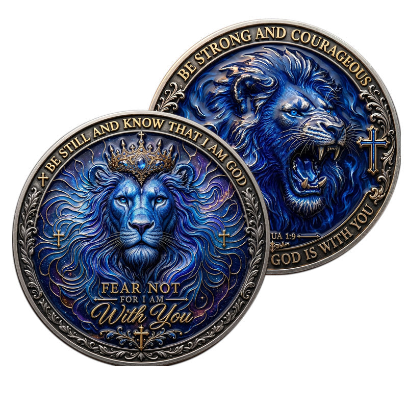Be Strong and Courageous Joshua 1:9 / Be Still and Know That I Am God Fear Not For I Am With You Lion of Judah Challenge Coin both sides display – antique silver deep blue galaxy enamel