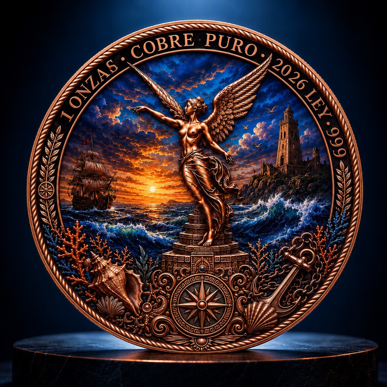 Mexico Libertad 3D Copper Coin,1 Ounces .999 Pure Copper Round Cobre Puro Angel Liberty Nautical Ocean Theme (Roll of 20)