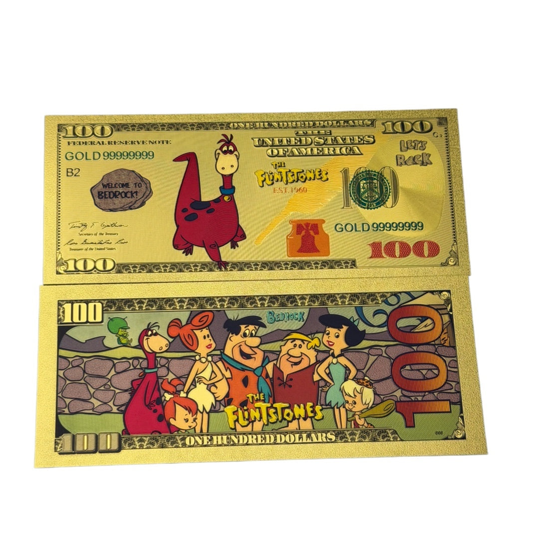 The Flintstones $100 Gold Foil Novelty Bill Complete Set — 8 Characters · Welcome to Bedrock!
