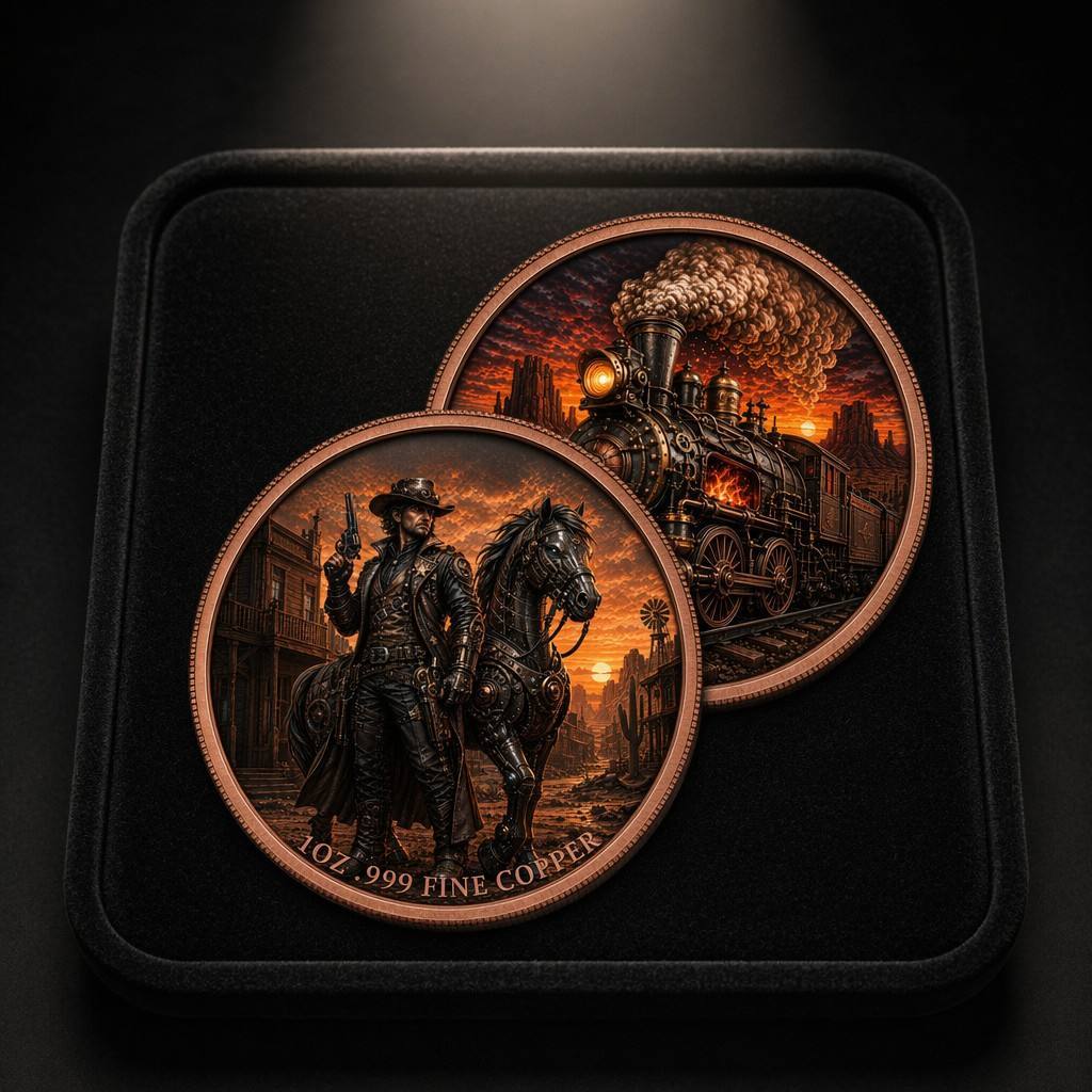 1 oz .999 Copper Round – Steampunk Wild West Gunslinger & Iron Horse Locomotive (Lot of 50)