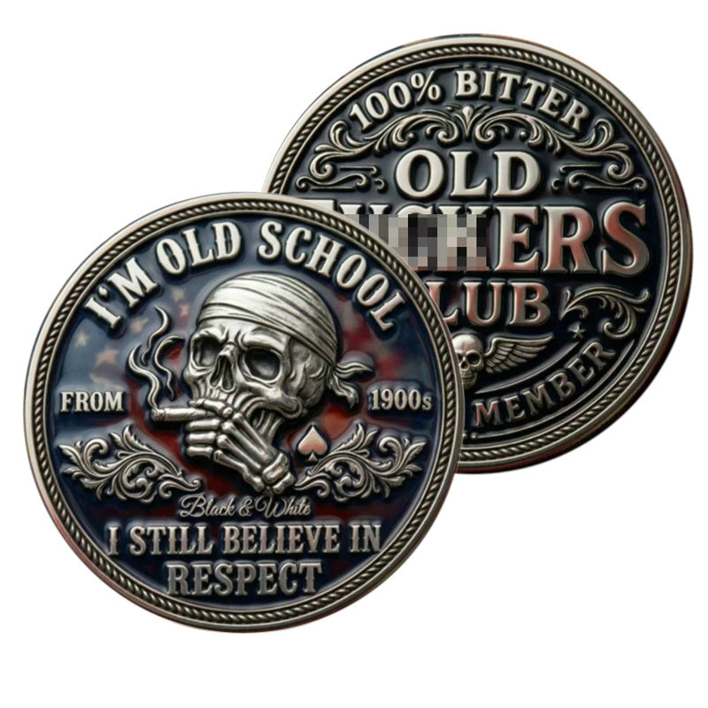 100% Bitter Old F**kers Club I'm Old School Challenge Coin both sides display – antique silver ornate obverse and skull cigar American flag reverse