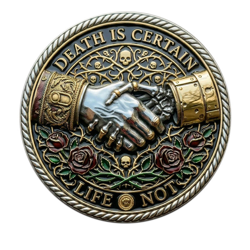 Memento Mori Death Is Certain Challenge Coin 40mm – Obverse skeleton handshake with roses