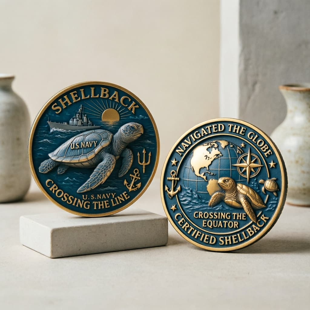 U.S. Navy Certified Shellback Challenge Coin – Crossing the Line Navigated the Globe – 40mm 3D Antique Gold (Lot of 10)