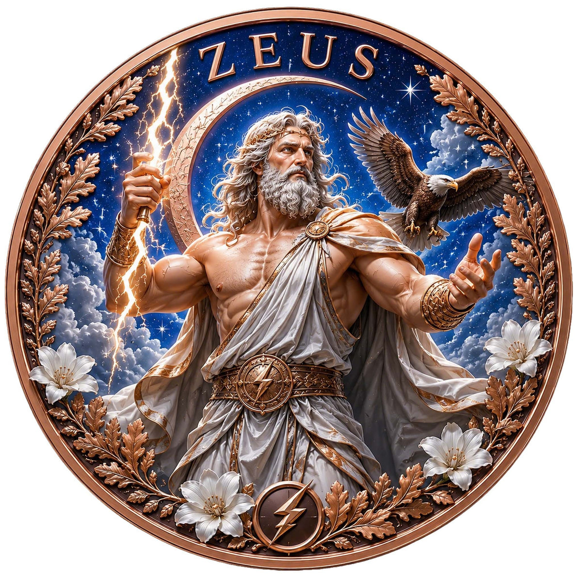 Zeus King of Gods 1 oz .999 Fine Copper Round – 3D High Relief UV Color Proof-Like | Greek Mythology Series(Roll of 20)