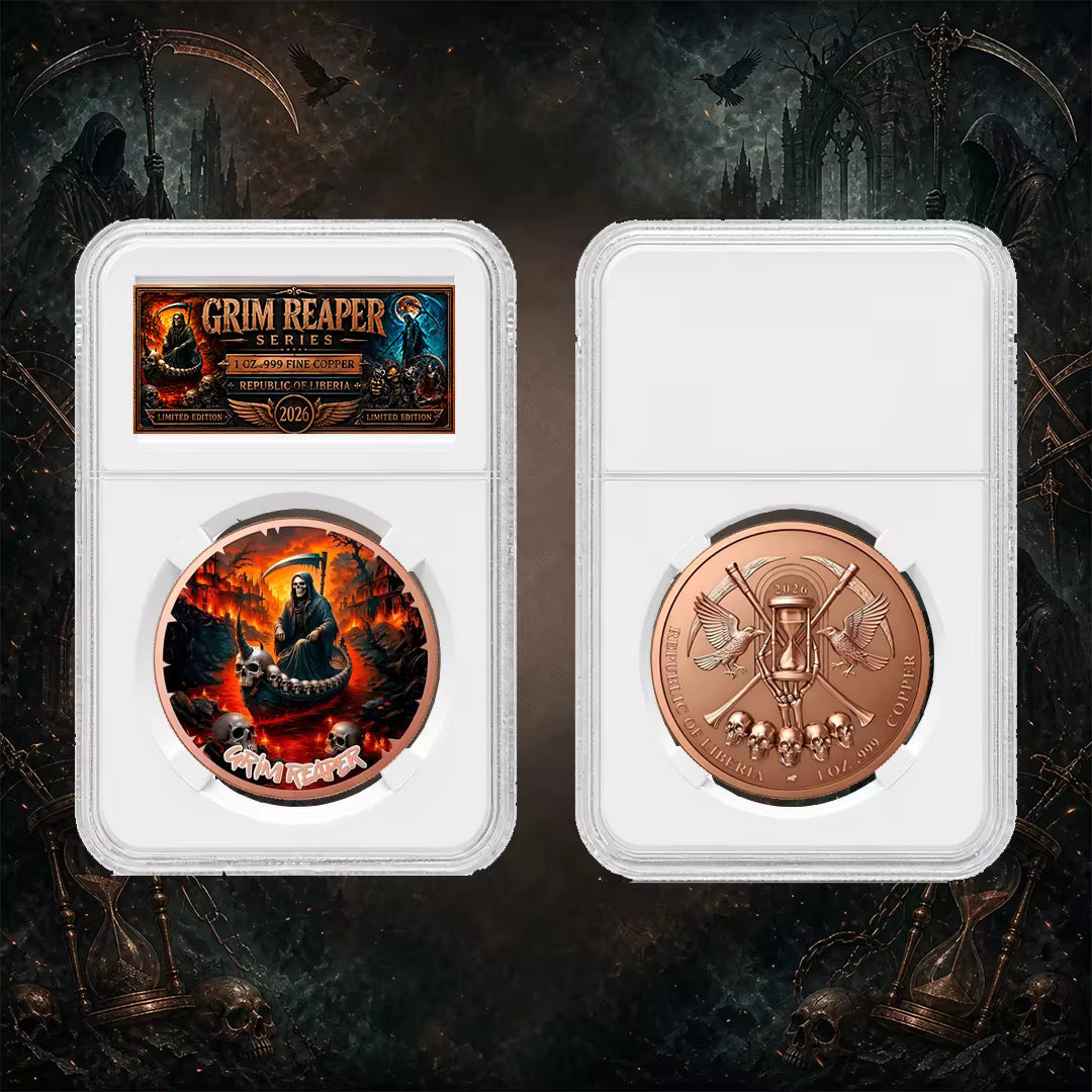 3 Styles Grim Reaper 1 oz .999 Fine Copper Collectible Coin, 3D Relief Dark Fantasy Skeleton Commemorative Round in Graded Slab (20 Stacks)