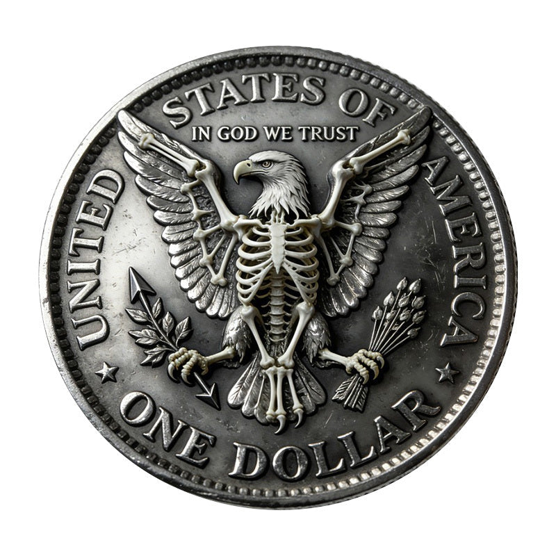 Skeleton Eagle Novelty Coin reverse – United States of America One Dollar In God We Trust skeleton bald eagle