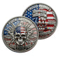 Generation X Badass Generation F*ck Around and Find Out Challenge Coin both sides display – obverse skeleton hand USA flag and reverse skull bullets Raised to Survive antique silver