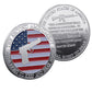 Second Amendment Silver-Tone Challenge Coin both sides display – American flag pistol obverse and Samuel Adams AR-15 quote reverse