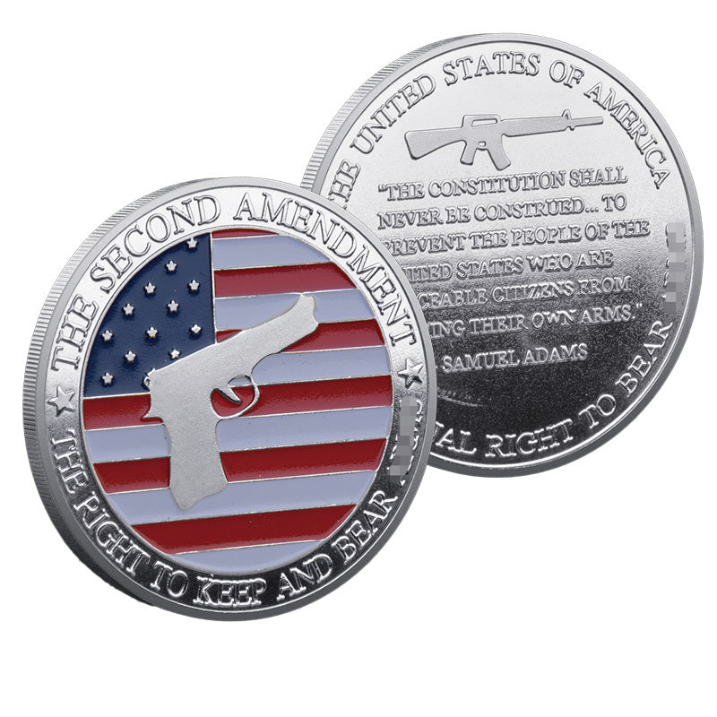 Second Amendment Silver-Tone Challenge Coin both sides display – American flag pistol obverse and Samuel Adams AR-15 quote reverse