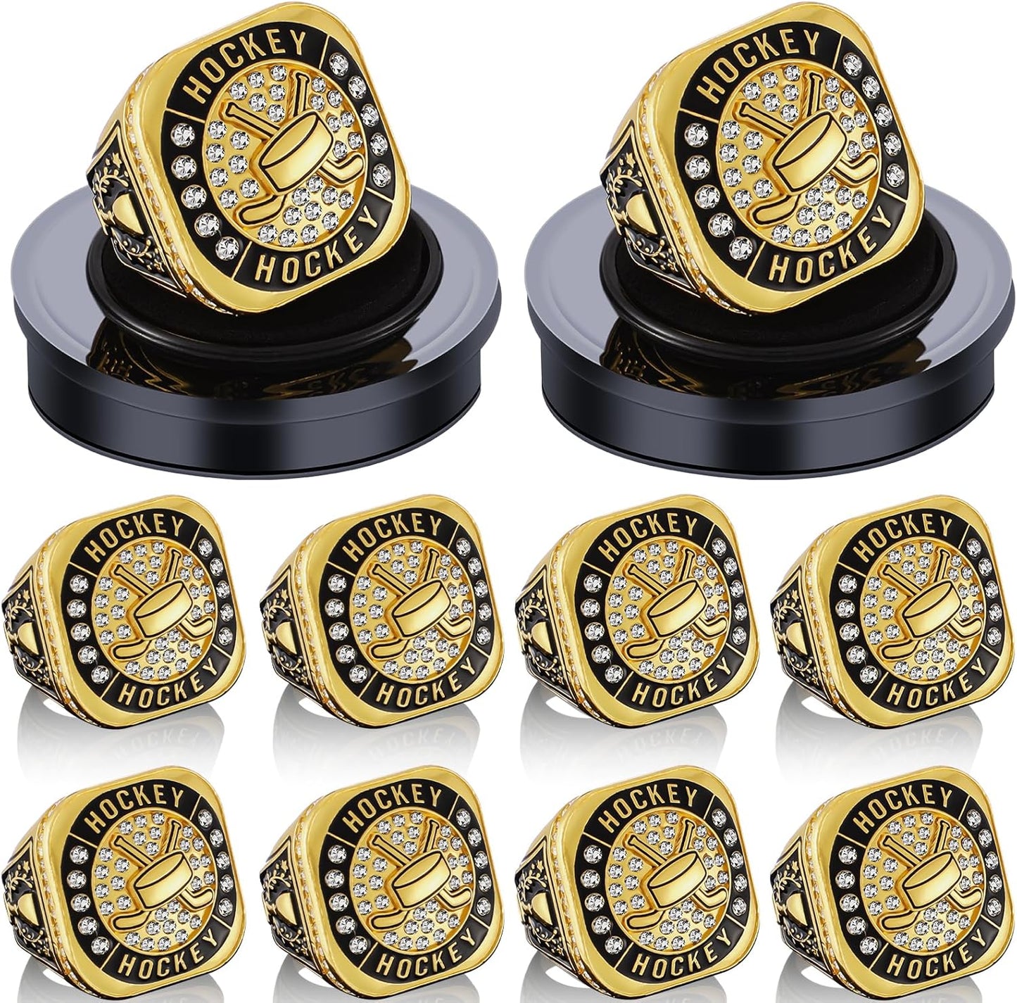 10 Pack Ice Hockey Championship Rings with Display Stand and Chain