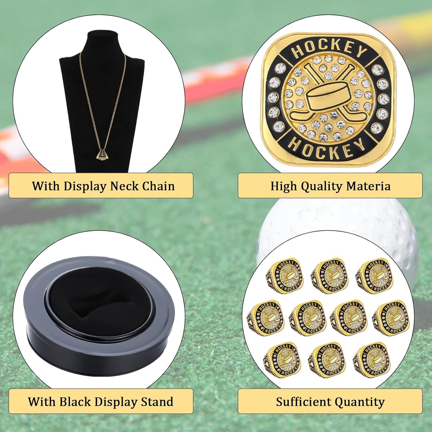 10 Pack Ice Hockey Championship Rings with Display Stand and Chain