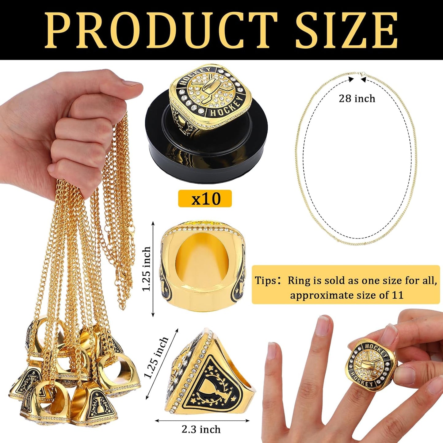 10 Pack Ice Hockey Championship Rings with Display Stand and Chain